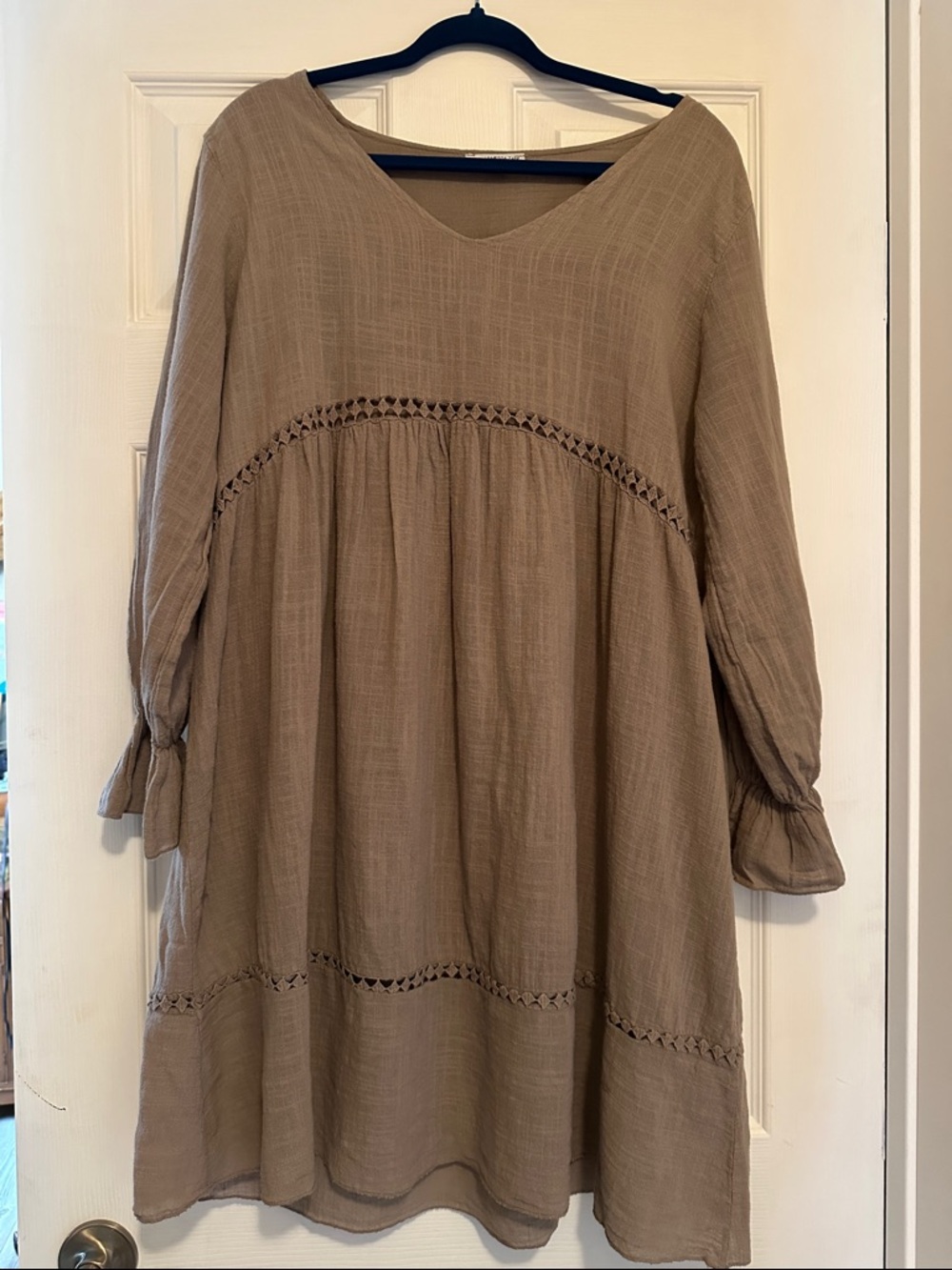 Flowy Taupe Mini Dress with Lace Trim